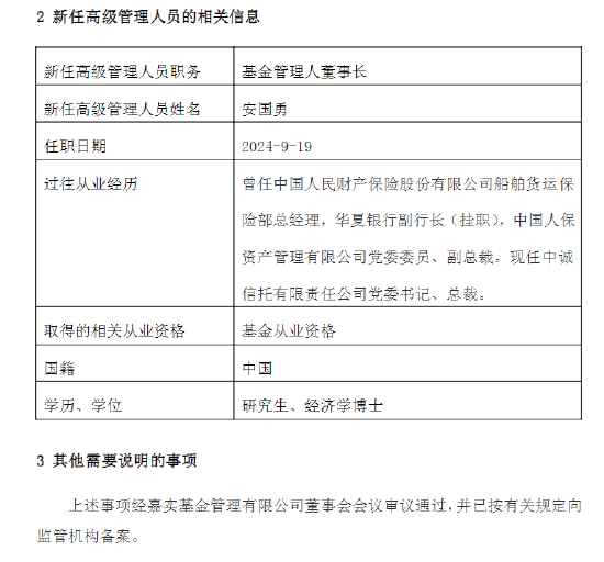 嘉实基金公告：安国勇出任公司董事长